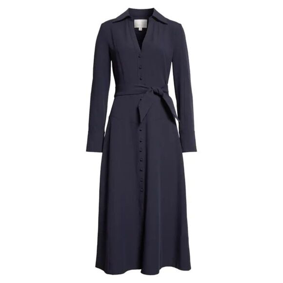 NWOT Cinq a Sept Kyla Long Sleeve Belted Midi Button Down Shirt Dress in Navy 10 - Picture 6 of 16